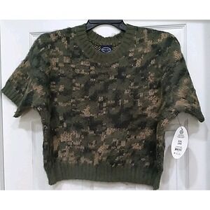 SCOOP Women's Sweater Fuzzy Camouflage Cropped Crewneck Short Sleeve Size Large